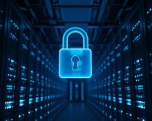 Data center server racks with a glowing cybersecurity shield symbol representing AI model access