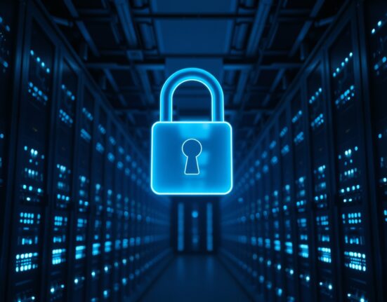 Data center server racks with a glowing cybersecurity shield symbol representing AI model access