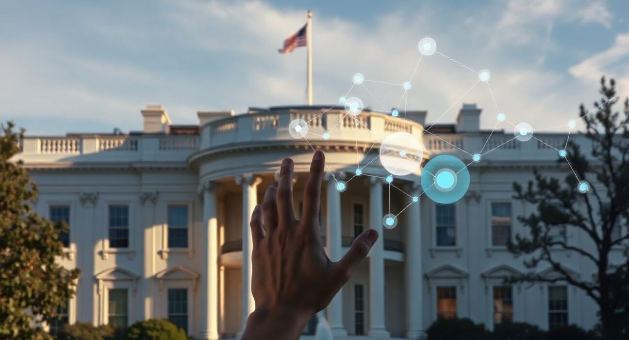 White House exterior with glowing digital network representing AI government partnership