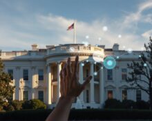 White House exterior with glowing digital network representing AI government partnership