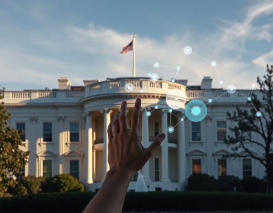 White House exterior with glowing digital network representing AI government partnership