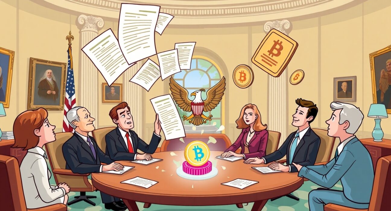 Cartoon illustration of the RWA project Plume facilitating a meeting between blockchain innovation and U.S. political leadership.