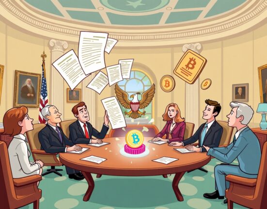 Cartoon illustration of the RWA project Plume facilitating a meeting between blockchain innovation and U.S. political leadership.