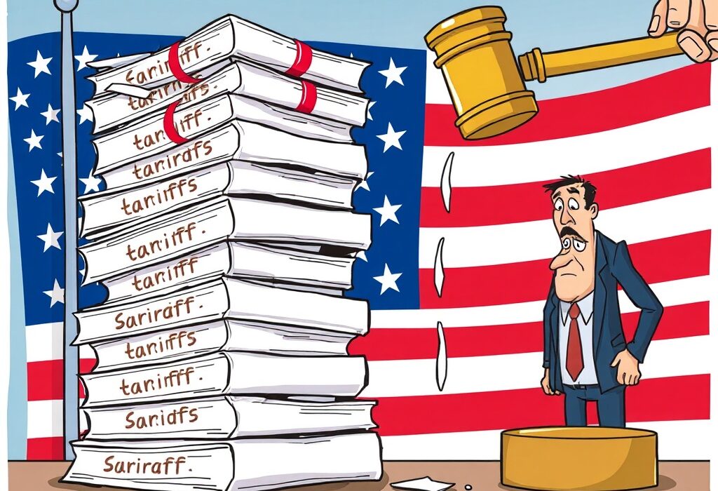 Cartoon showing a gavel striking down a stack of 'Trump administration tariffs,' symbolizing the court's decision and its economic impact.