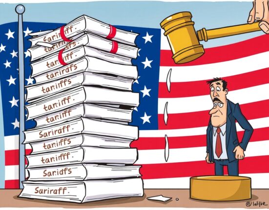 Cartoon showing a gavel striking down a stack of 'Trump administration tariffs,' symbolizing the court's decision and its economic impact.