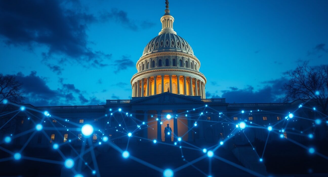 Trump's AI framework centralizing federal policy at the US Capitol with digital network overlay.