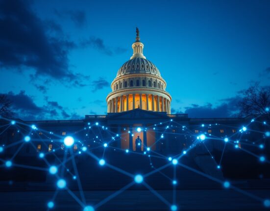 Trump's AI framework centralizing federal policy at the US Capitol with digital network overlay.