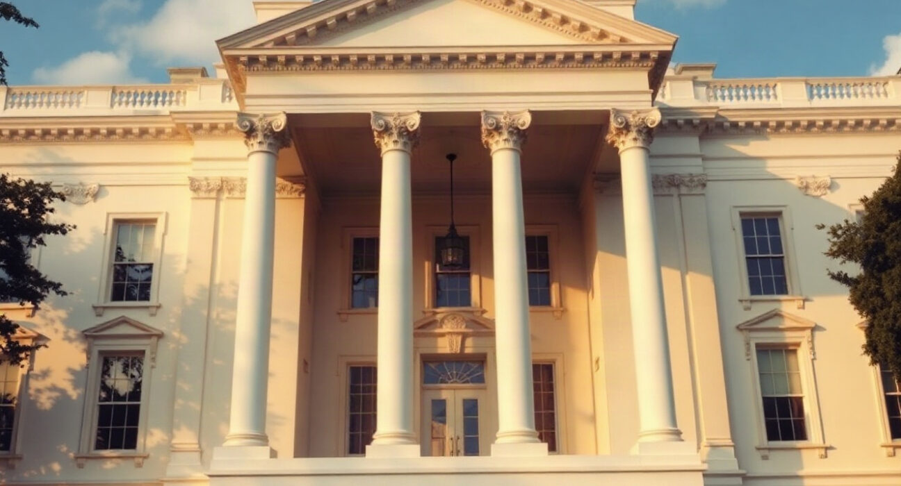 White House building exterior on a sunny day, symbolizing upcoming AI policy discussions.