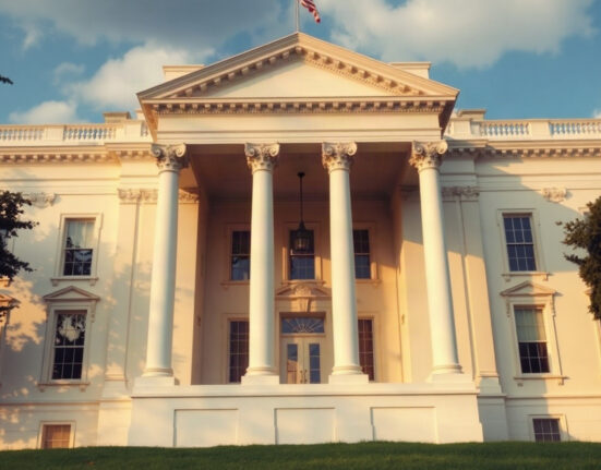 White House building exterior on a sunny day, symbolizing upcoming AI policy discussions.