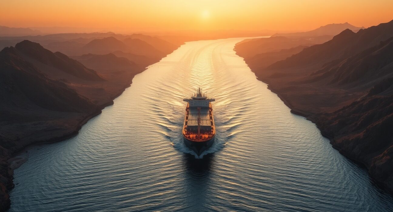 Oil tanker navigating the strategic Strait of Hormuz during heightened geopolitical tensions over energy security.