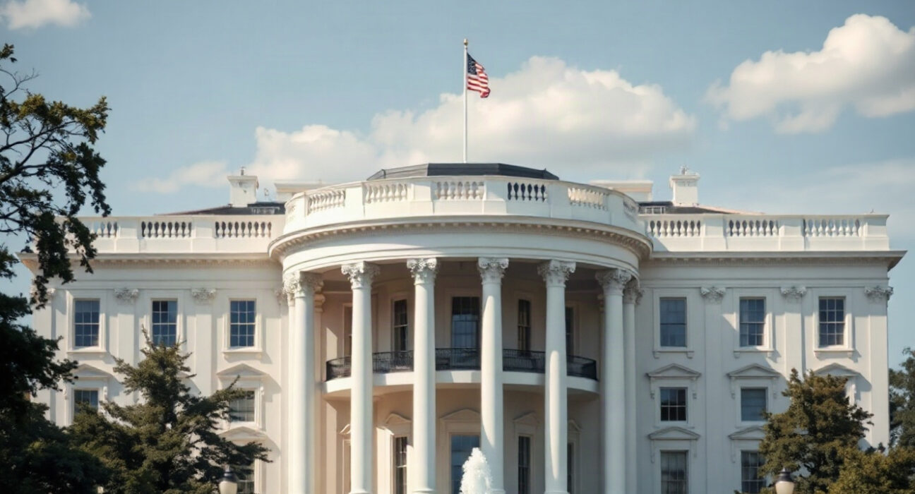 White House seen on a clear day, symbolizing the announcement of new US economic sanctions on Iran.