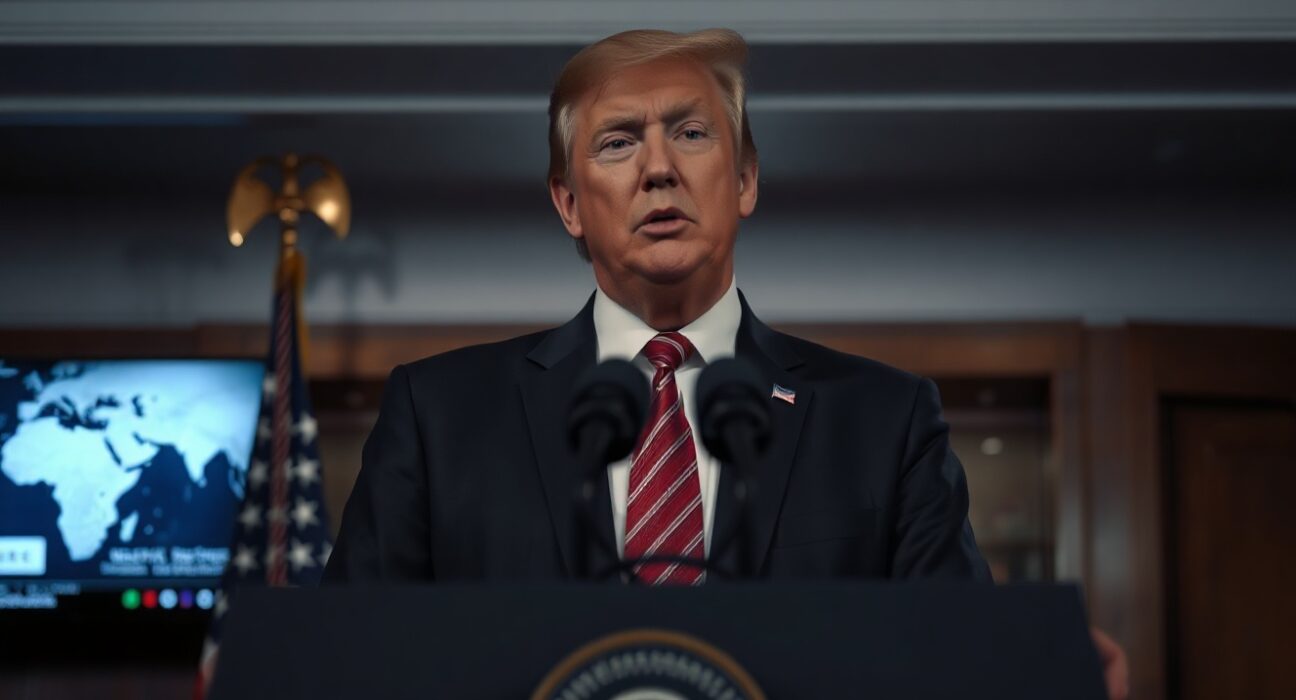 President Trump at a White House podium announcing a military strike against Iran.