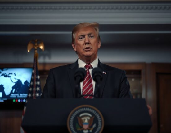 President Trump at a White House podium announcing a military strike against Iran.