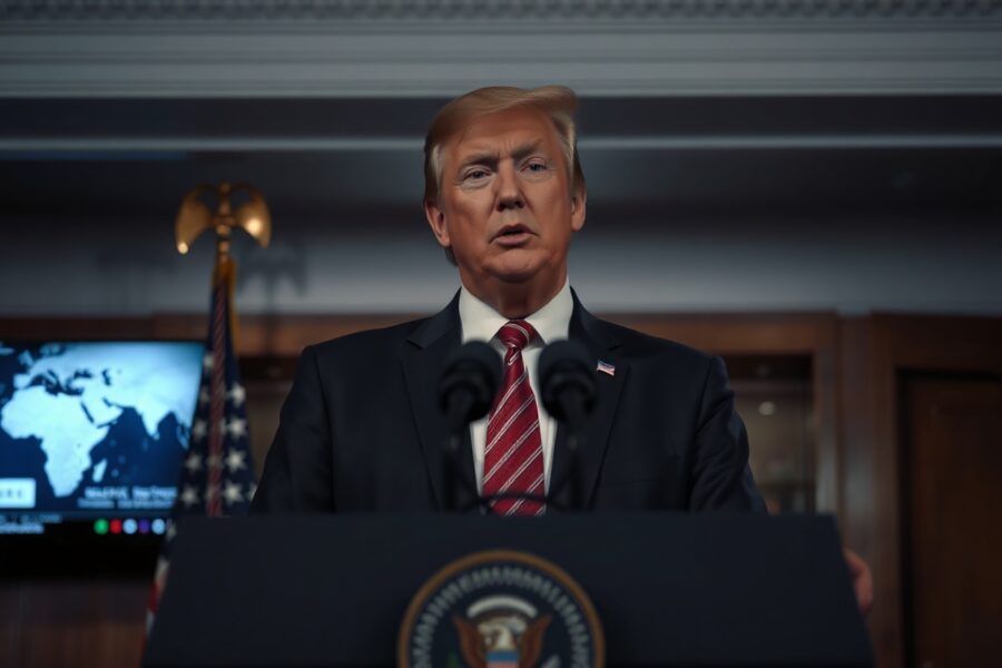 President Trump at a White House podium announcing a military strike against Iran.