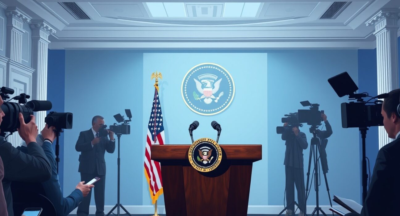 President Trump's approval rating falls to 34% as shown by an empty White House podium in a press briefing room.