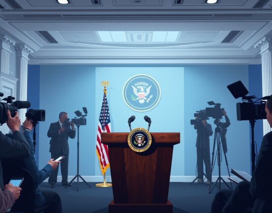 President Trump's approval rating falls to 34% as shown by an empty White House podium in a press briefing room.