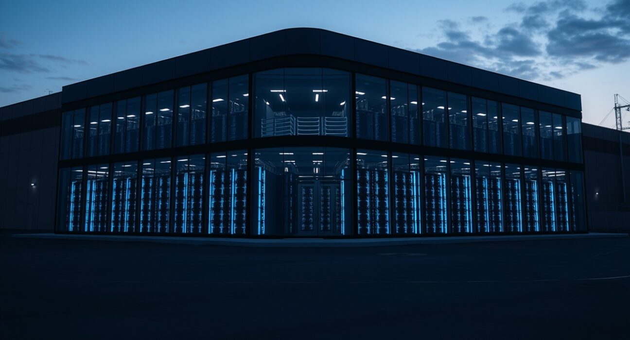 Exterior view of a Bitcoin mining data center facility at dusk with blue-lit mining rigs visible inside.