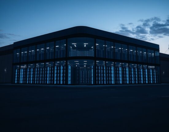 Exterior view of a Bitcoin mining data center facility at dusk with blue-lit mining rigs visible inside.