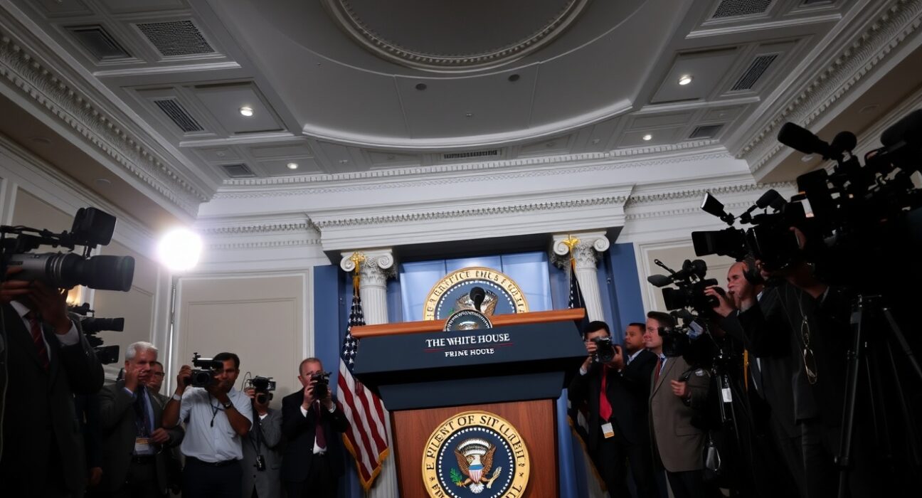 White House press briefing room with presidential podium and journalists.