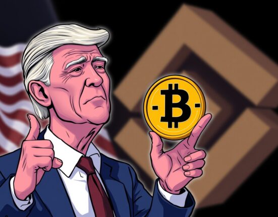 Cartoon of former president discussing a crypto coin, symbolizing the impact of the Trump Binance pardon on the digital asset industry.
