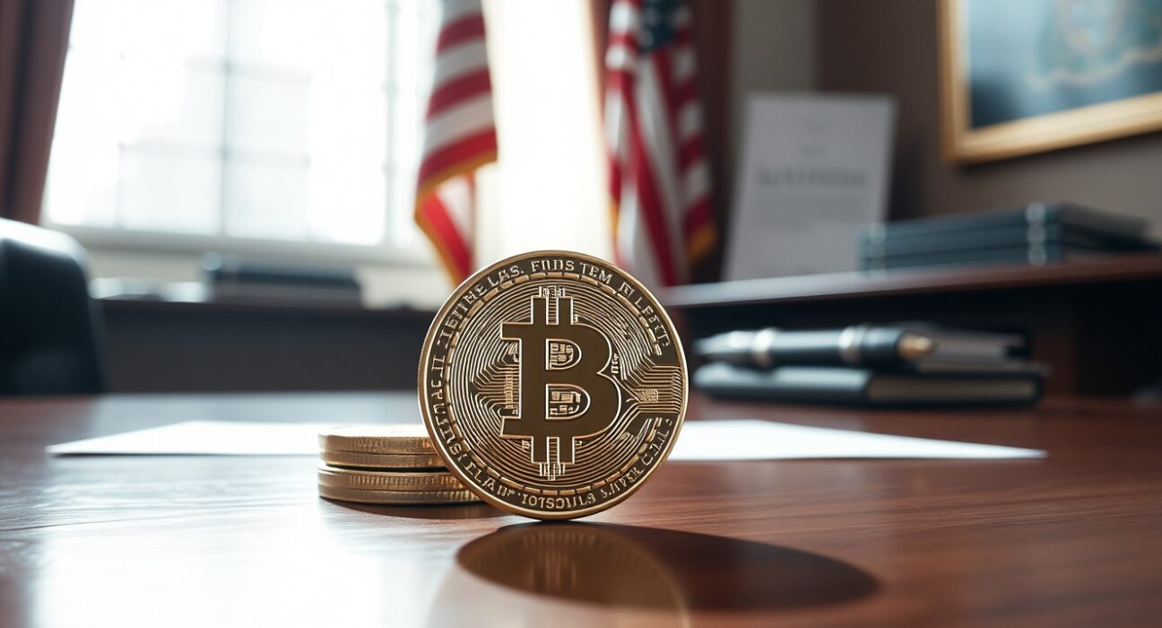 Bitcoin coin on a desk in a government office with American flag in background