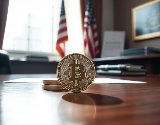 Bitcoin coin on a desk in a government office with American flag in background