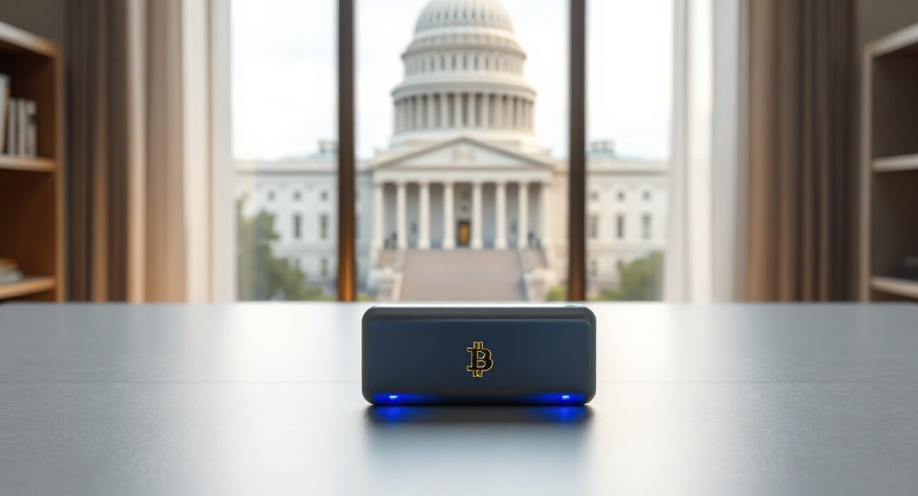 A cold wallet device with a Bitcoin symbol on a desk, with the US Capitol building blurred in the background.