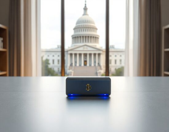 A cold wallet device with a Bitcoin symbol on a desk, with the US Capitol building blurred in the background.