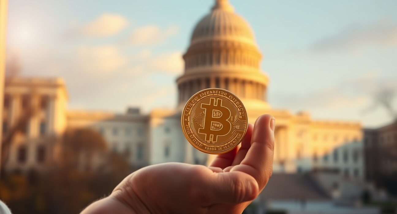 Newborn baby hand holding a glowing Bitcoin coin with U.S. Capitol in background