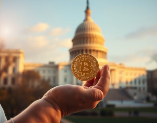 Newborn baby hand holding a glowing Bitcoin coin with U.S. Capitol in background