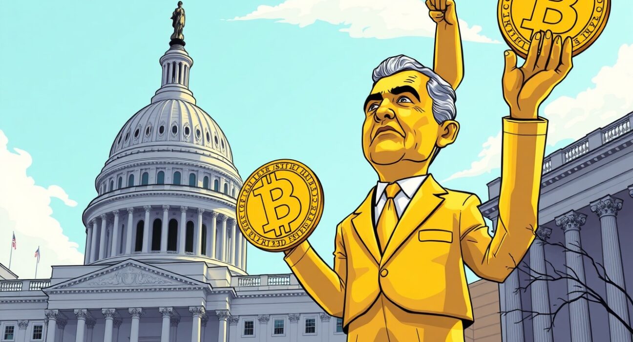 A golden Trump Bitcoin statue stands tall outside the US Capitol, symbolizing a unique intersection of politics and crypto.