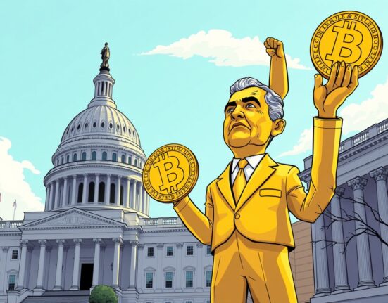 A golden Trump Bitcoin statue stands tall outside the US Capitol, symbolizing a unique intersection of politics and crypto.