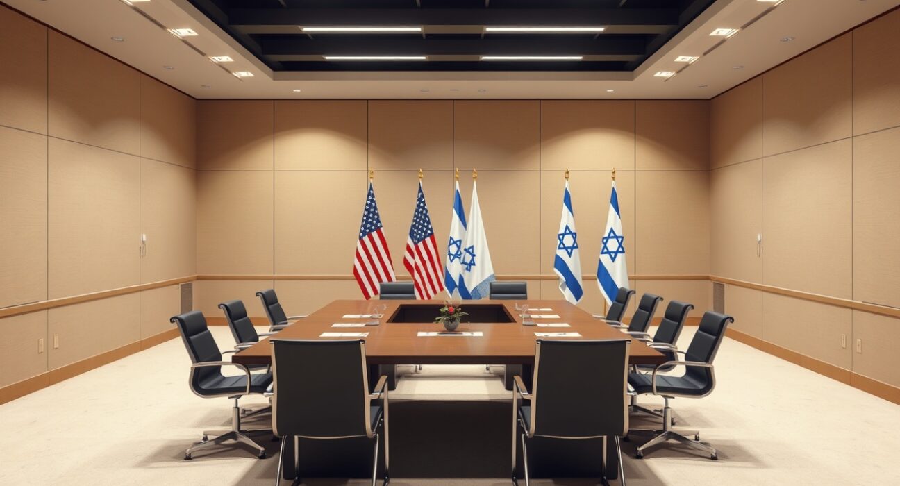 Diplomatic meeting room with flags and table suggesting peace negotiations