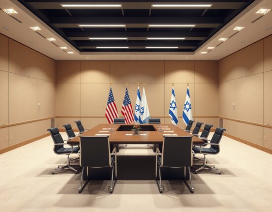 Diplomatic meeting room with flags and table suggesting peace negotiations