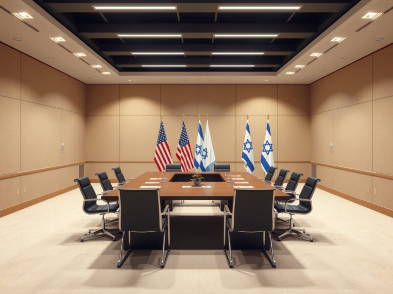 Diplomatic meeting room with flags and table suggesting peace negotiations