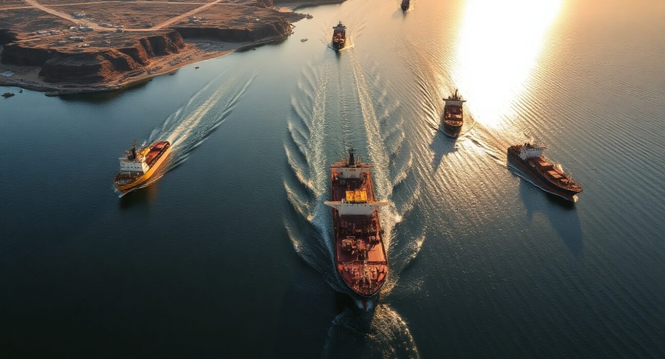 Aerial view of oil tankers navigating the Strait of Hormuz at sunrise, highlighting the strategic waterway's role in global energy transit.