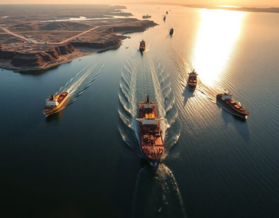 Aerial view of oil tankers navigating the Strait of Hormuz at sunrise, highlighting the strategic waterway's role in global energy transit.
