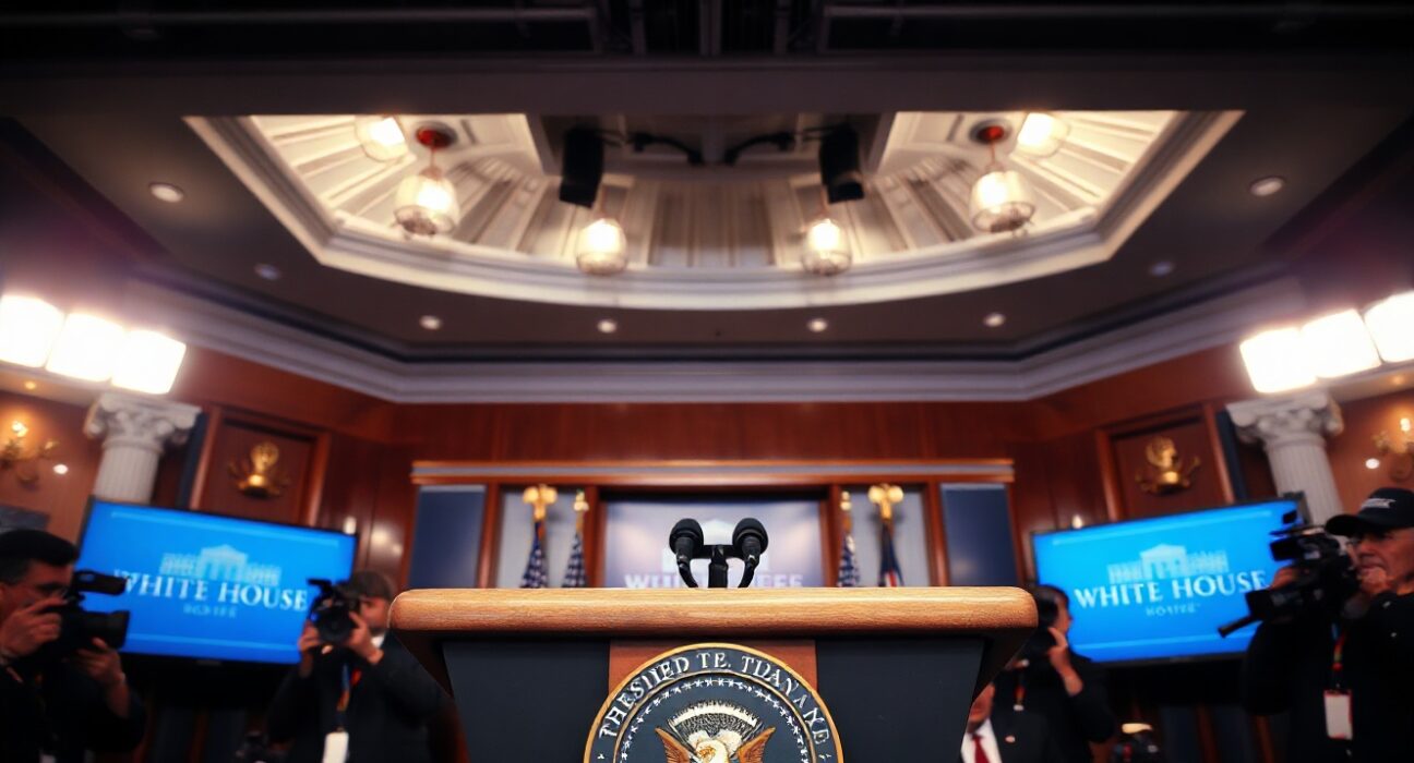 White House press briefing room with podium and journalists
