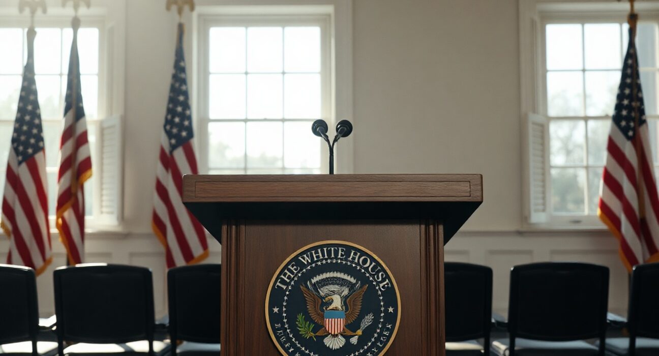 White House briefing room podium with presidential seal, representing a major US diplomatic statement.