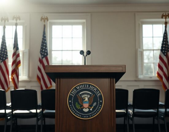 White House briefing room podium with presidential seal, representing a major US diplomatic statement.