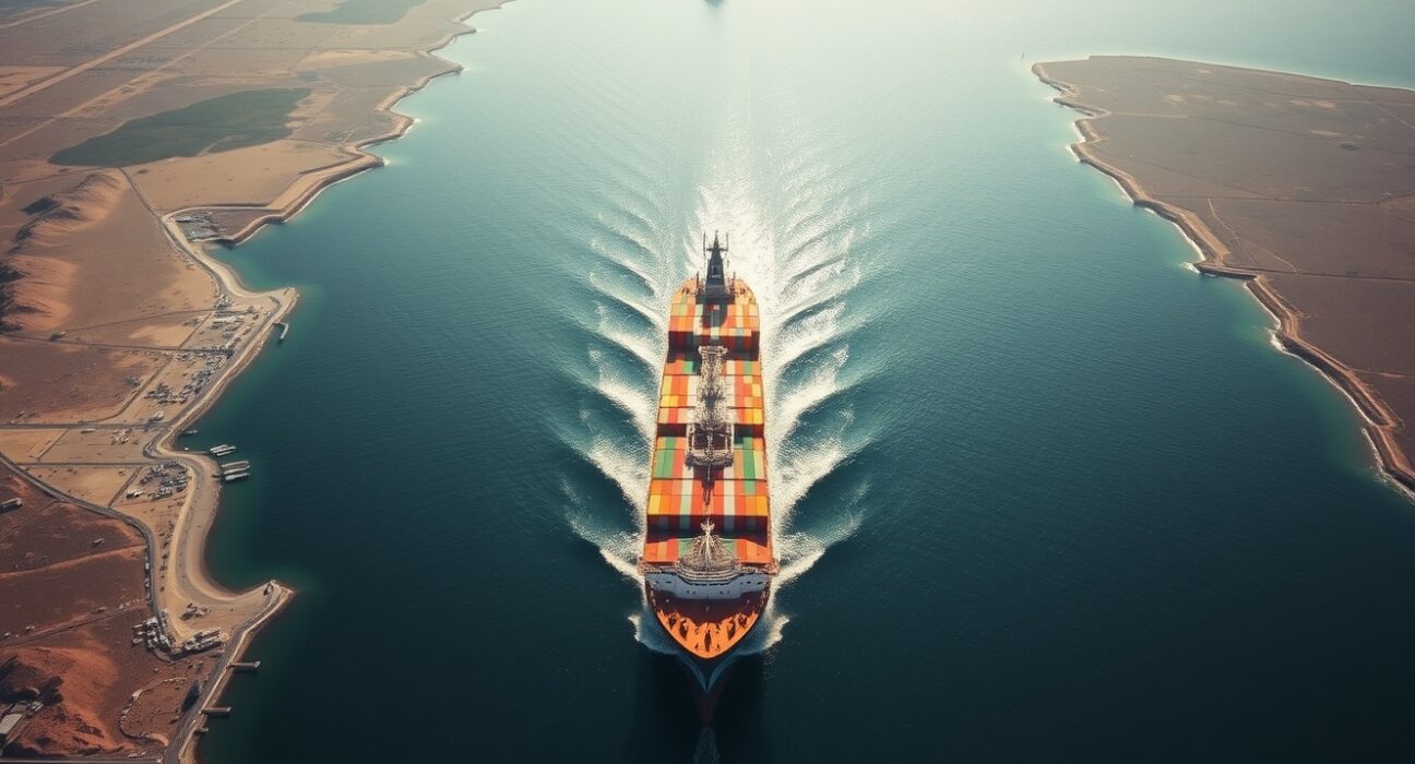 Aerial view of the Strait of Hormuz with ships, illustrating the strategic waterway central to the US-Iran agreement framework.