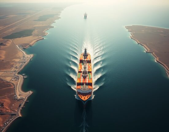 Aerial view of the Strait of Hormuz with ships, illustrating the strategic waterway central to the US-Iran agreement framework.