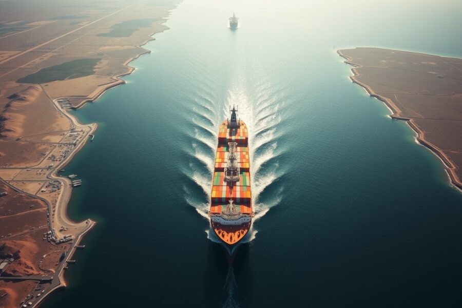 Aerial view of the Strait of Hormuz with ships, illustrating the strategic waterway central to the US-Iran agreement framework.