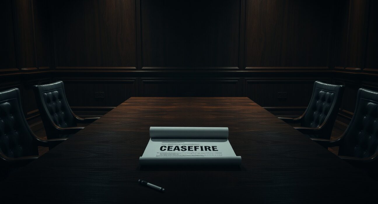 An empty negotiation table with a ceasefire document, representing the fragile state of the peace agreement.