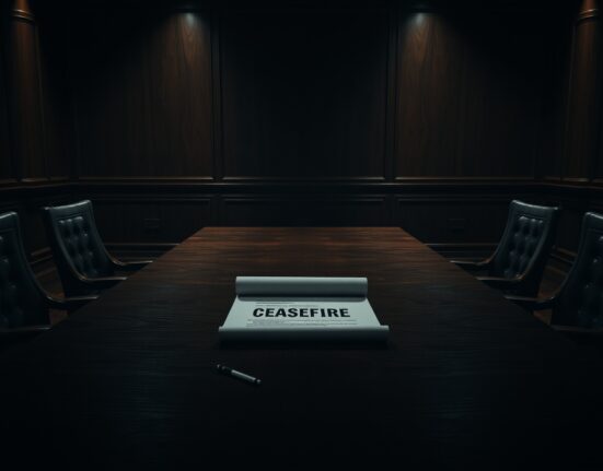 An empty negotiation table with a ceasefire document, representing the fragile state of the peace agreement.