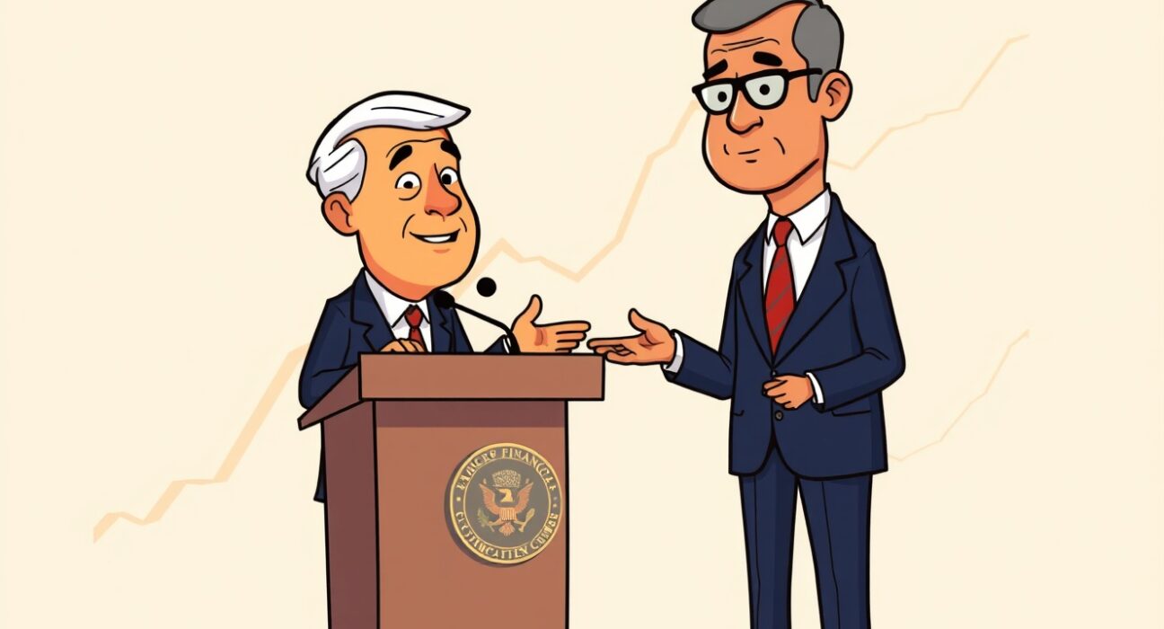 A cartoon illustration showing President Trump announcing the crucial CFTC chairman nomination, highlighting its impact on financial markets.