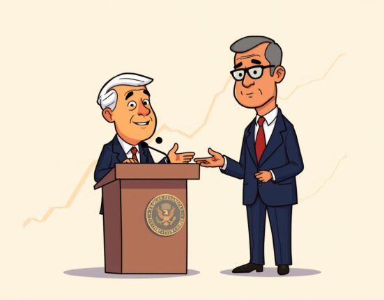 A cartoon illustration showing President Trump announcing the crucial CFTC chairman nomination, highlighting its impact on financial markets.