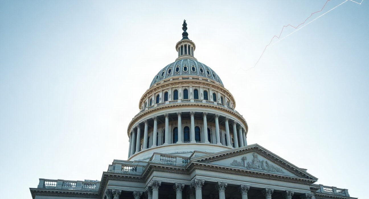 U.S. Capitol Building with digital trading and blockchain overlay, representing crypto regulation