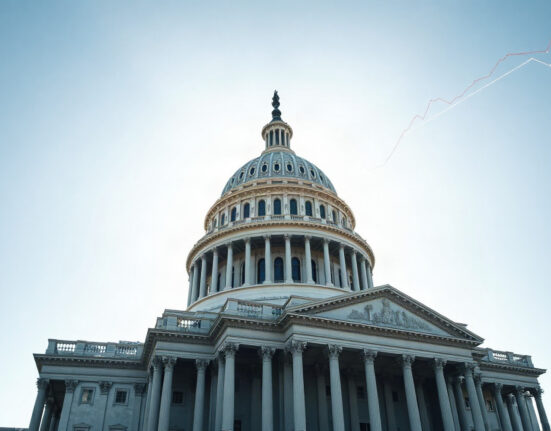 U.S. Capitol Building with digital trading and blockchain overlay, representing crypto regulation