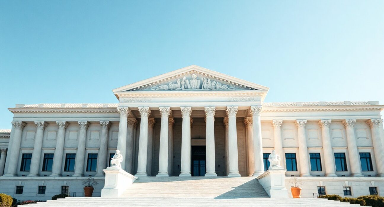 Exterior of the U.S. Supreme Court building under a clear blue sky, symbolizing the potential final legal venue for prediction market disputes.